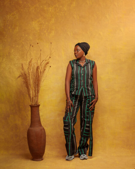 Dark Green with Green Stripes Two Piece Aso Oke