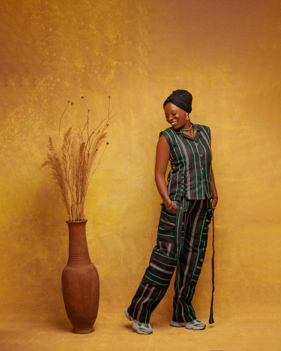 Dark Green with Green Stripes Two Piece Aso Oke